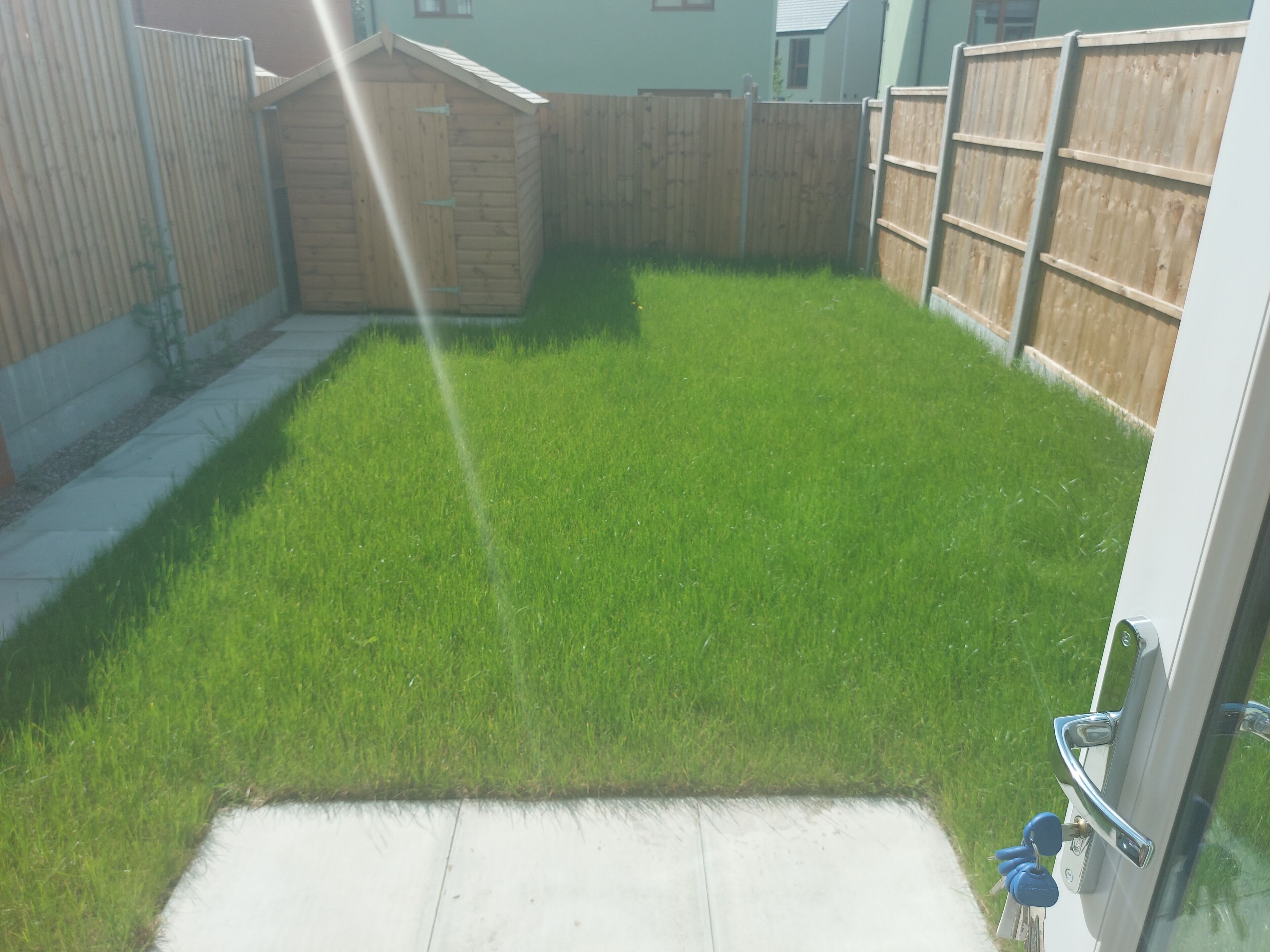 A backyard with a wooden fence, a concrete patio, and a grassy area.