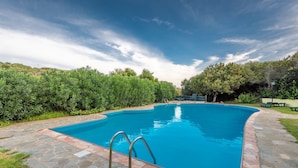 Ein rechteckiger Swimmingpool mit Steinbordurand, umgeben von einer Steinterrasse und üppiger Bepflanzung.