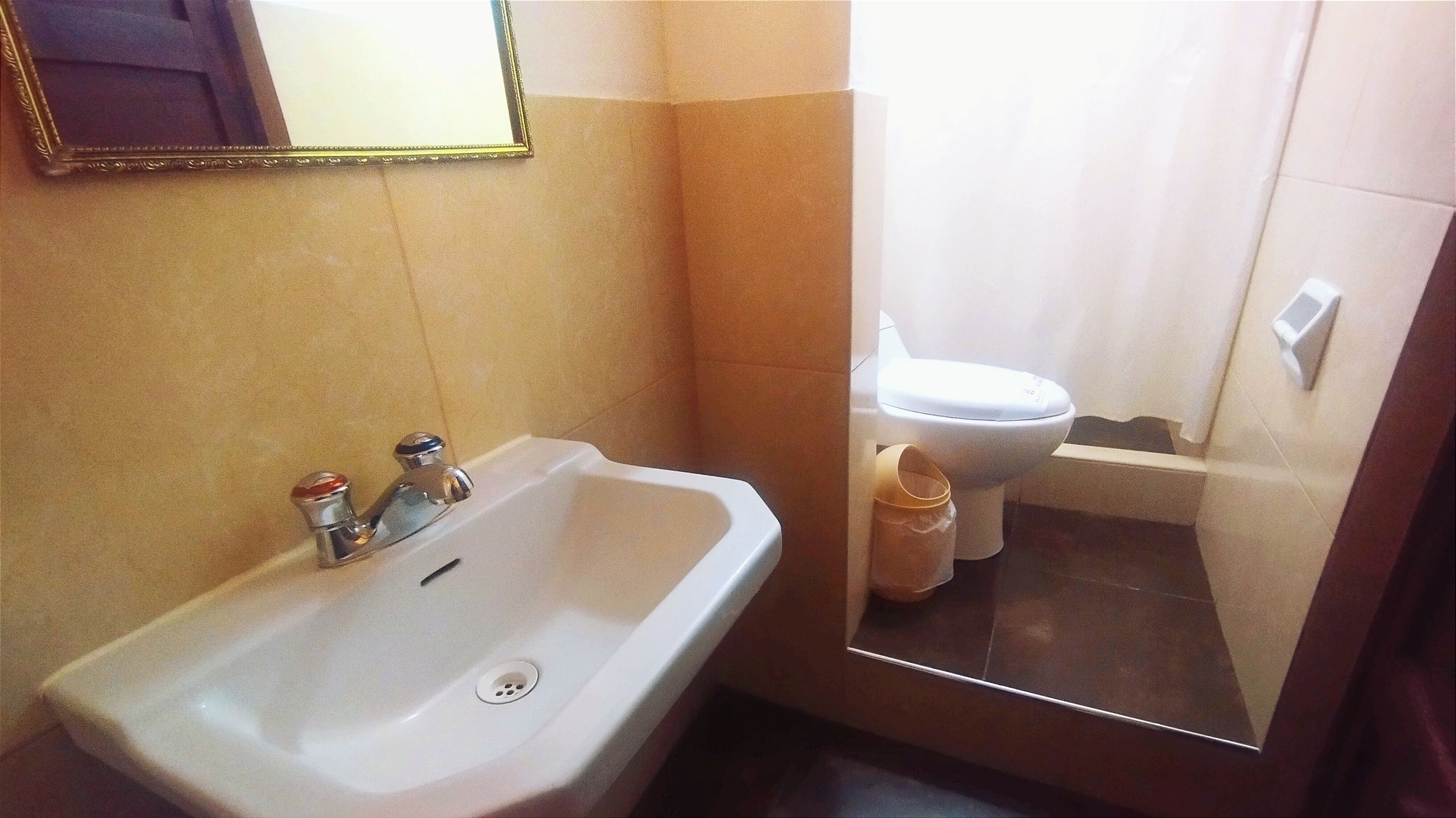 Un bagno con lavandino, specchio, wc e cestino.