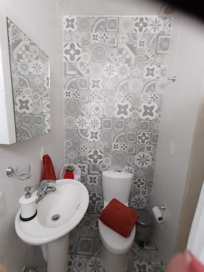 Secadora de cabello, toallas, jabón, papel de baño