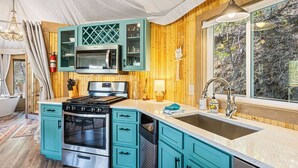 A kitchen with teal cabinets, stainless steel appliances, a large window, and a wooden wall.