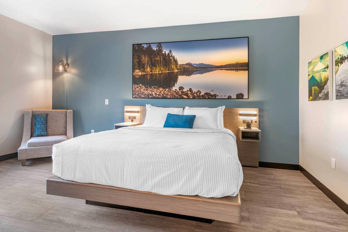 A modern bedroom with a large bed, a nightstand, a wall-mounted lamp, and a painting of a lake.