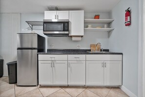 Fridge, microwave, coffee/tea maker, toaster