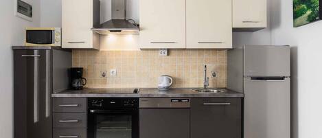 Fridge, microwave, stovetop, electric kettle
