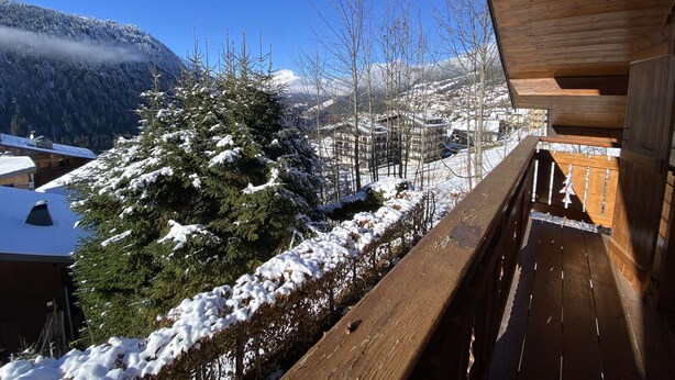A wooden balcony with a snow-covered tree and a mountain view. - Chalet Le Castor: in the center of Chatel (Châtel)
