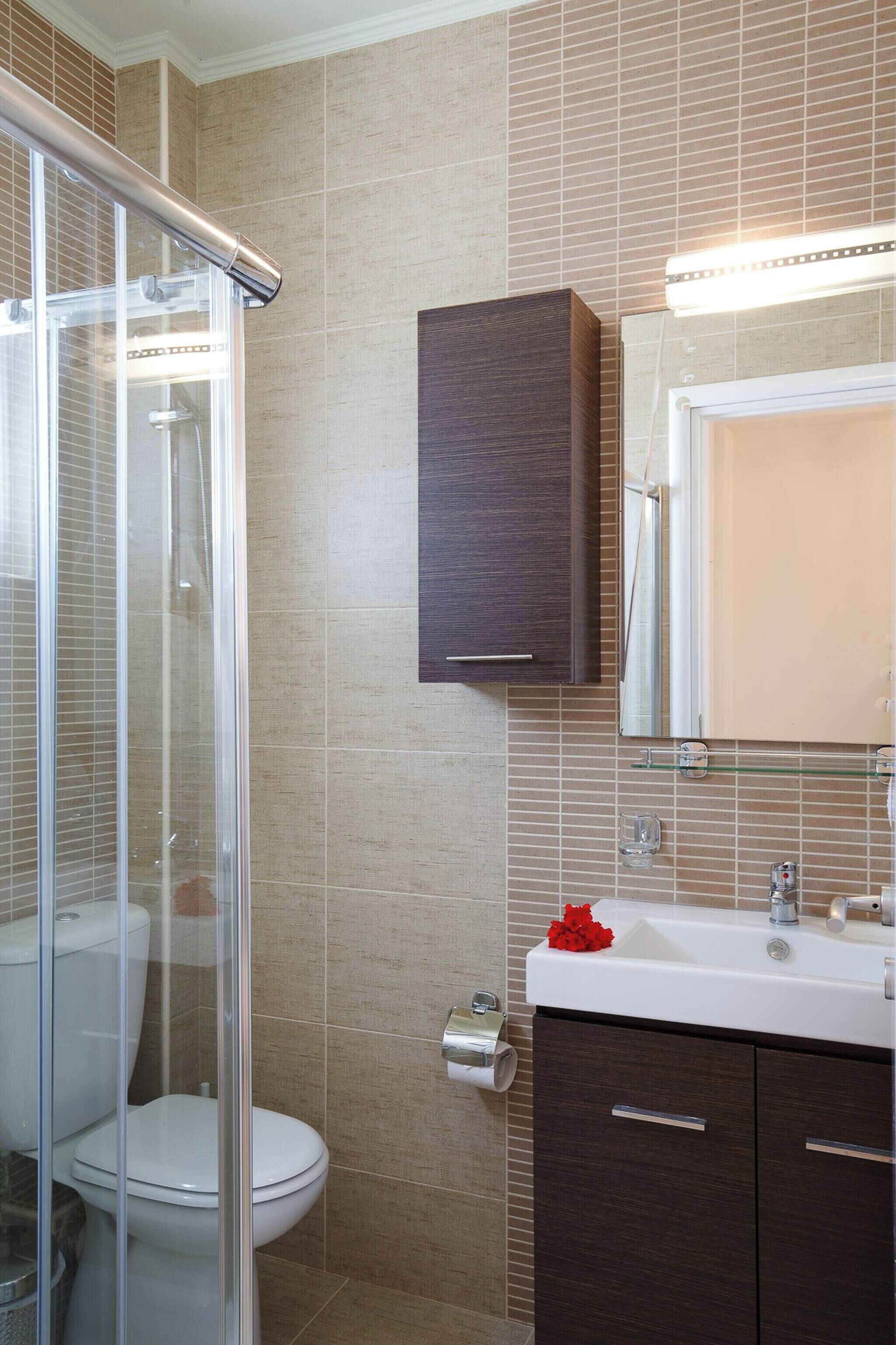 Een badkamer met een douchecabine van glas, een toilet, een wastafel met spiegel en een kast.