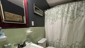 A bathroom with a white sink, toilet, and shower curtain with a leaf pattern.