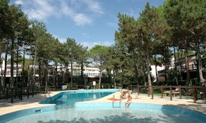 Une piscine entourée d’arbres et de bâtiments.