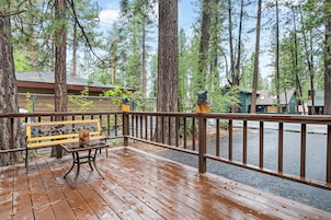 A wooden deck with a bench and railing, surrounded by tall trees and a view of a road.