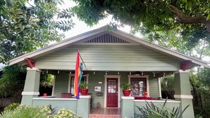 A green building with a red door, a porch with potted plants, and a flag.