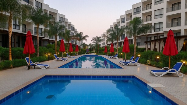 A swimming pool with lounge chairs and red umbrellas, surrounded by palm trees and modern buildings. - Charming Chalet in Port Said (Al-Manasrah)