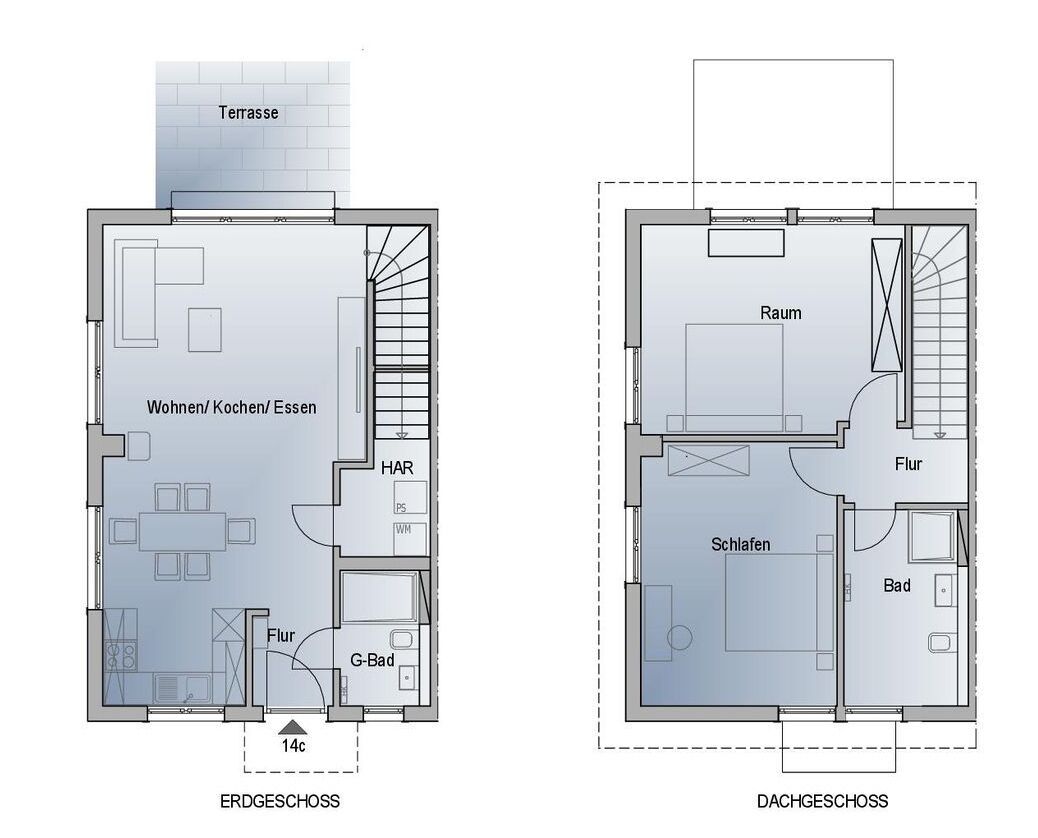 Twee plattegronden van een gebouw met aangeduide kamers, waaronder woonkamers, slaapkamers en badkamers.