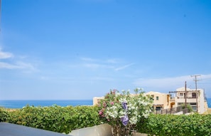 A coastal building with a view of the sea, surrounded by greenery and flowering plants.