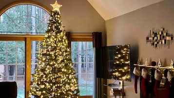 A living room with a large Christmas tree, a fireplace, and a view through a large window.