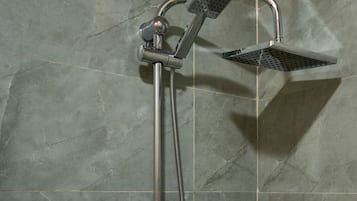 Shower, rainfall showerhead, designer toiletries, hair dryer