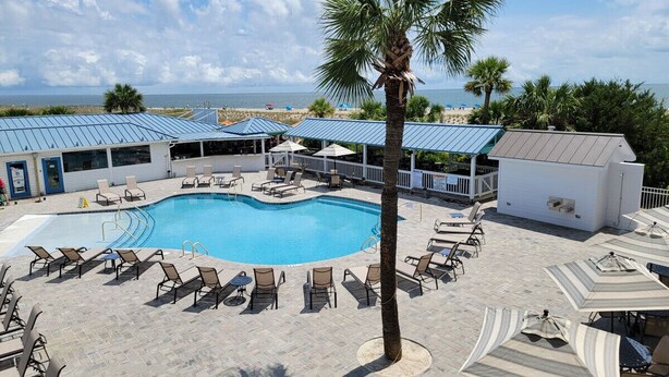 A pool area with lounge chairs and umbrellas, a palm tree, and a view of the beach. - "Spritz By The Sea” is your beach side paradise! (Tybee Island)