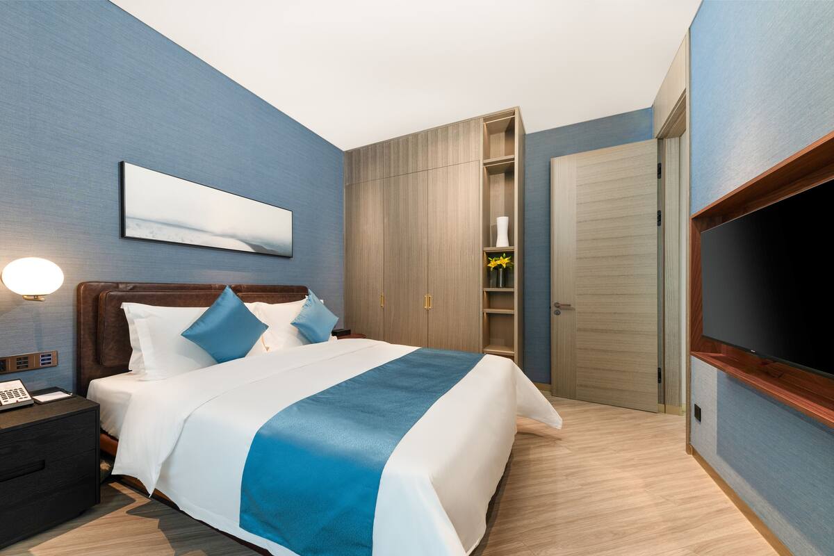 A modern hotel room with a large bed, a bedside table with a lamp, a flat-screen TV, and a wardrobe with a mirror.