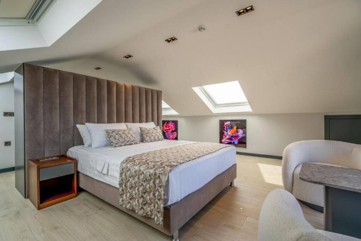 A modern bedroom with a large bed, a bedside table, a chair, and a skylight.