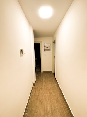 A hallway with a wooden floor, white walls, a ceiling light, and a framed picture on the wall.