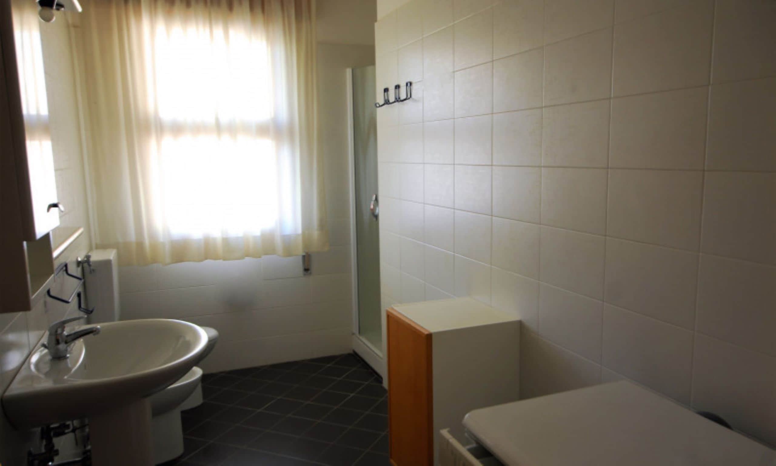 Een badkamer met toilet, wastafel en douche.