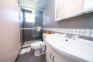 Douche, sèche-cheveux, serviettes fournies, savon