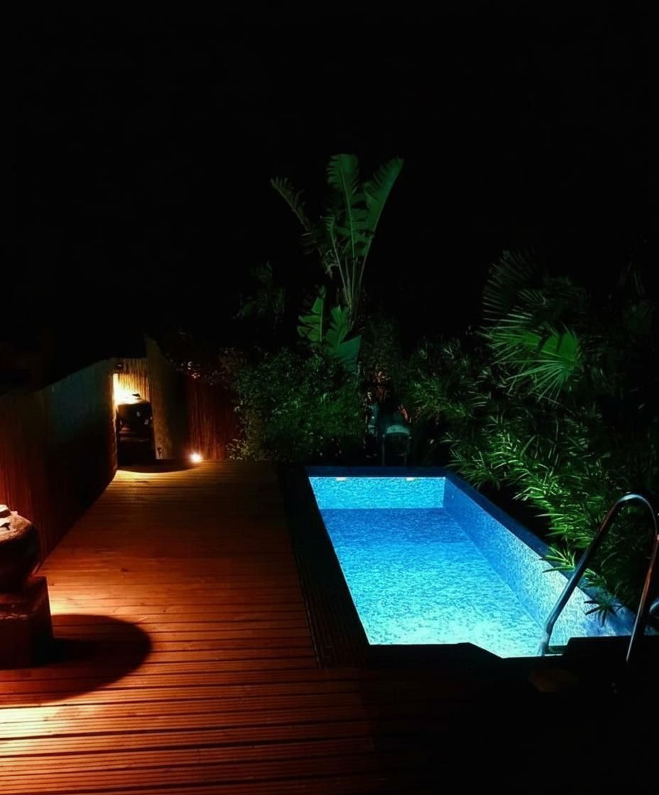 Vista nocturna de un área de piscina con cubierta de madera y plantas tropicales a su alrededor.