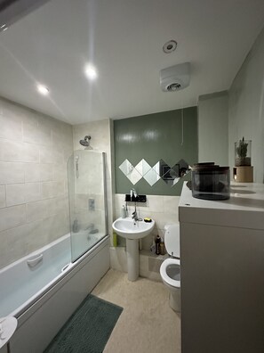 Combined shower/tub, hair dryer, towels