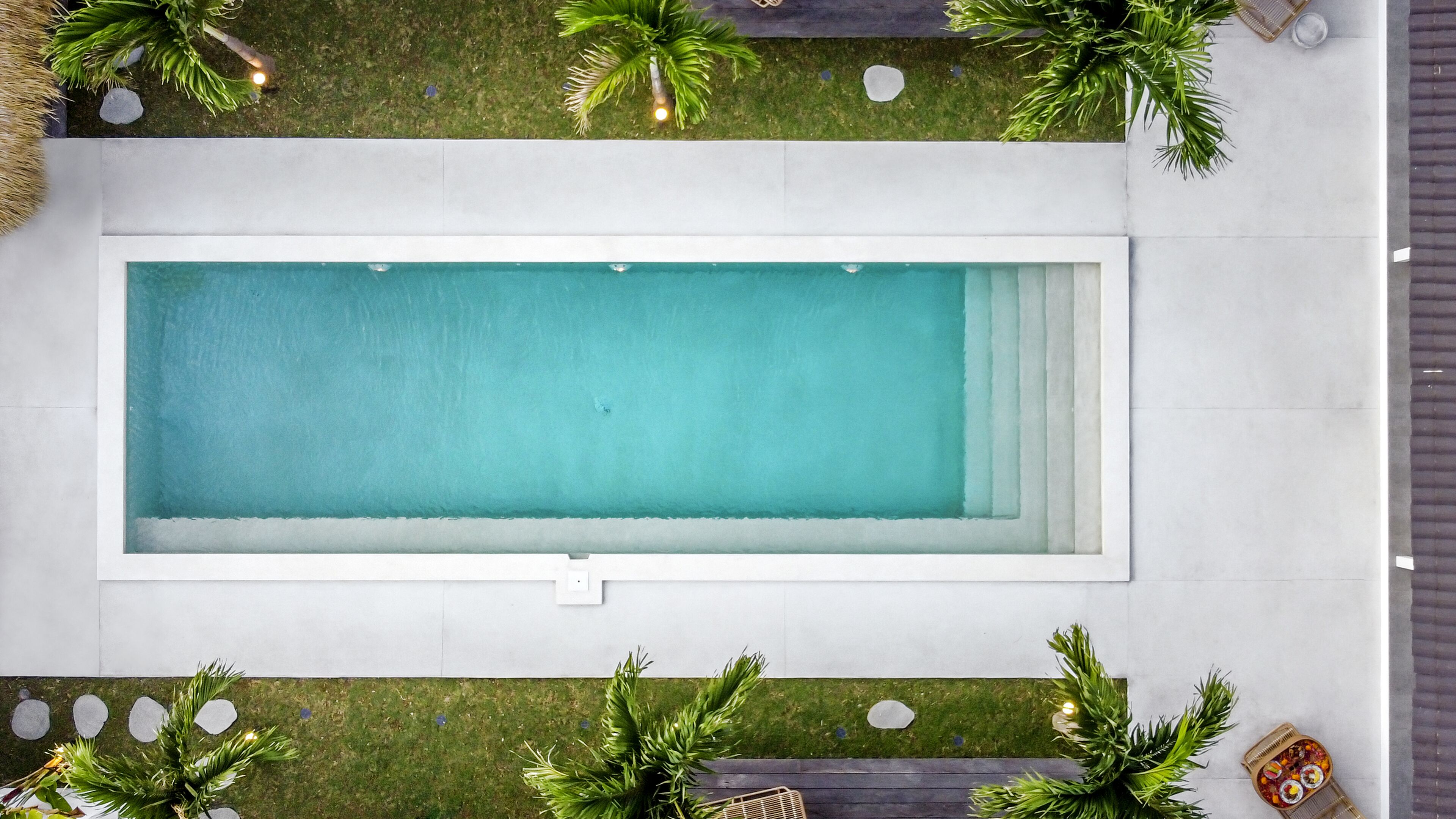 An aerial view of a rectangular swimming pool with a white border, surrounded by a grassy area with palm trees and a wooden deck.