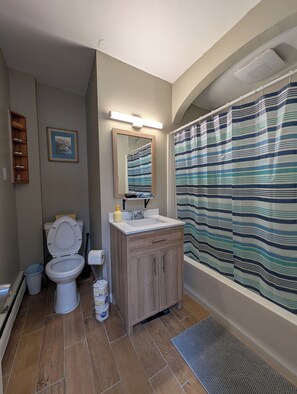 Baño con inodoro, lavamanos, espejo y cortina de ducha.