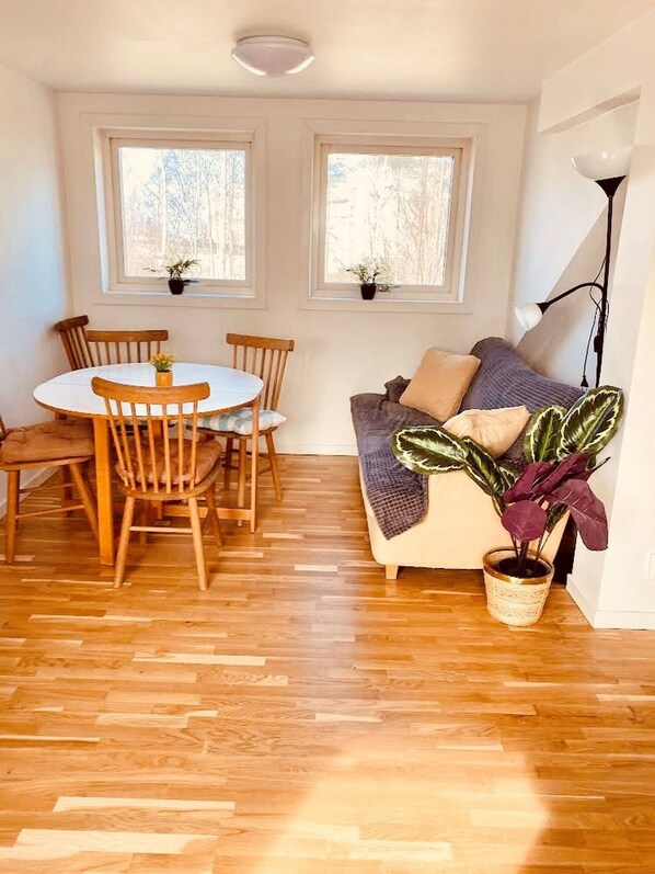 Une pièce avec un plancher en bois, une table de salle à manger ronde entourée de chaises, un canapé avec des coussins, deux fenêtres ornées de plantes et un lampadaire.