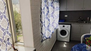 Un espace buanderie compact comprenant un lave-linge, un évier et une fenêtre agrémentée de rideaux à motifs.
