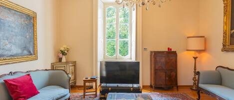 A living room with a chandelier, sofas, a television, and a patterned rug.