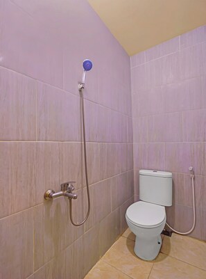 Een badkamer met douche, toilet en een wastafel aan de muur.