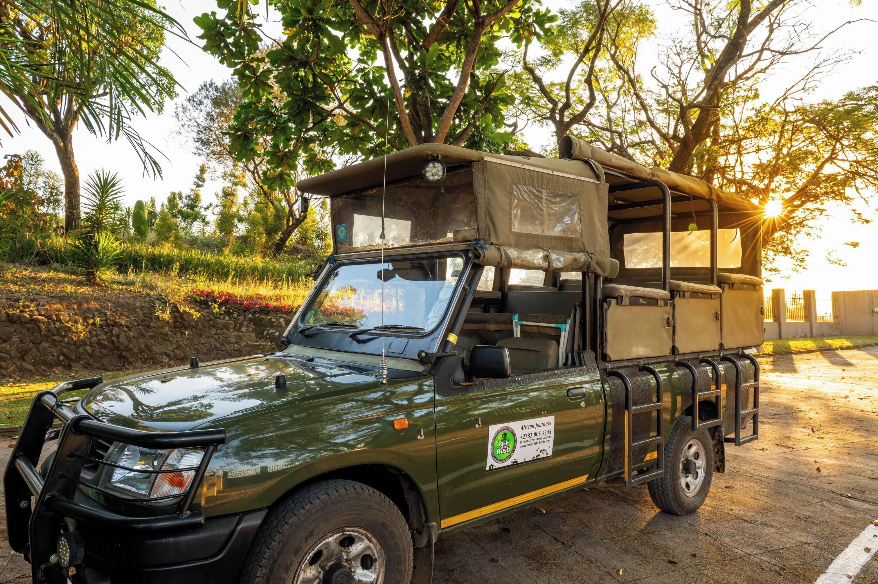 A green safari vehicle with a roof tent, parked on a road with trees and a clear sky in the background.