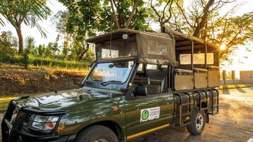 A green safari vehicle with a roof tent, parked on a road with trees and a clear sky in the background.