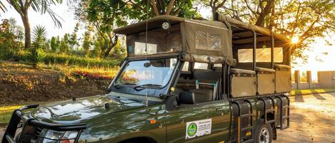 Veículo safari verde com toldo na cobertura, estacionado em uma estrada com árvores e céu claro ao fundo.