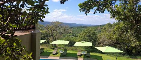 A pool area with lounge chairs and umbrellas, surrounded by lush greenery and a view of distant hills.