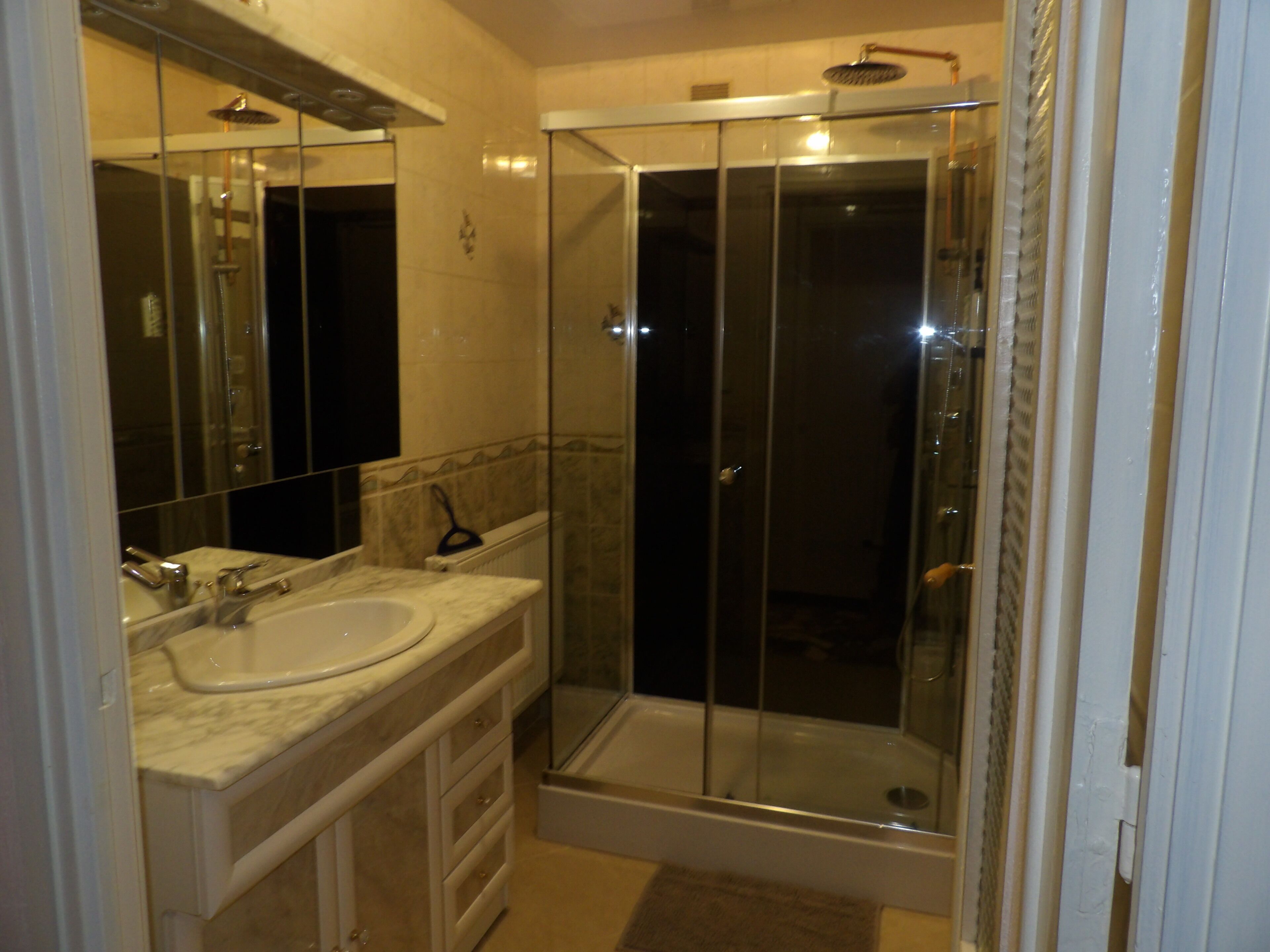 Une salle de bain dotée d’une douche à parois de verre, d’un lavabo avec un plan de travail en marbre et d’un miroir au-dessus du lavabo.