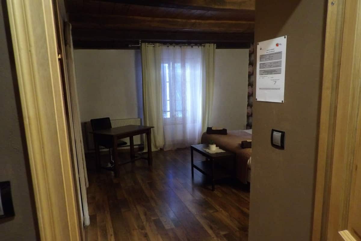 Une pièce avec un plancher en bois, un lit recouvert d’une couverture marron, une petite table avec une plante et une chaise.