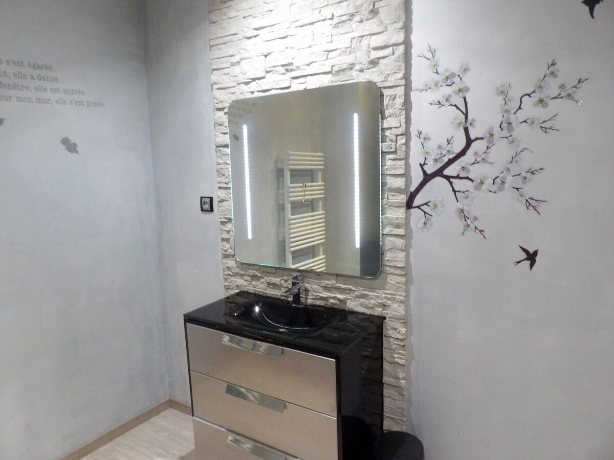 A bathroom with a stone wall, a black sink, a mirror, and a wall decal of a tree branch with birds.