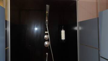 A shower enclosure with a handheld showerhead, a bottle of shampoo, and a control knob.