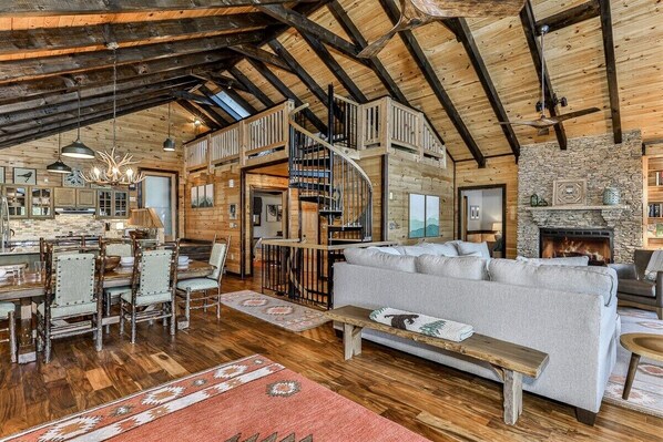 Smart TV, fireplace, books