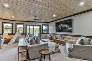 TV connectée, cheminée, livres