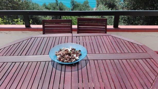 A wooden deck with a table and two chairs facing a scenic view of the ocean. - VILLA CECILIA/ap. 2: mid in the nature and close to  golden Cilento beaches (Pisciotta)