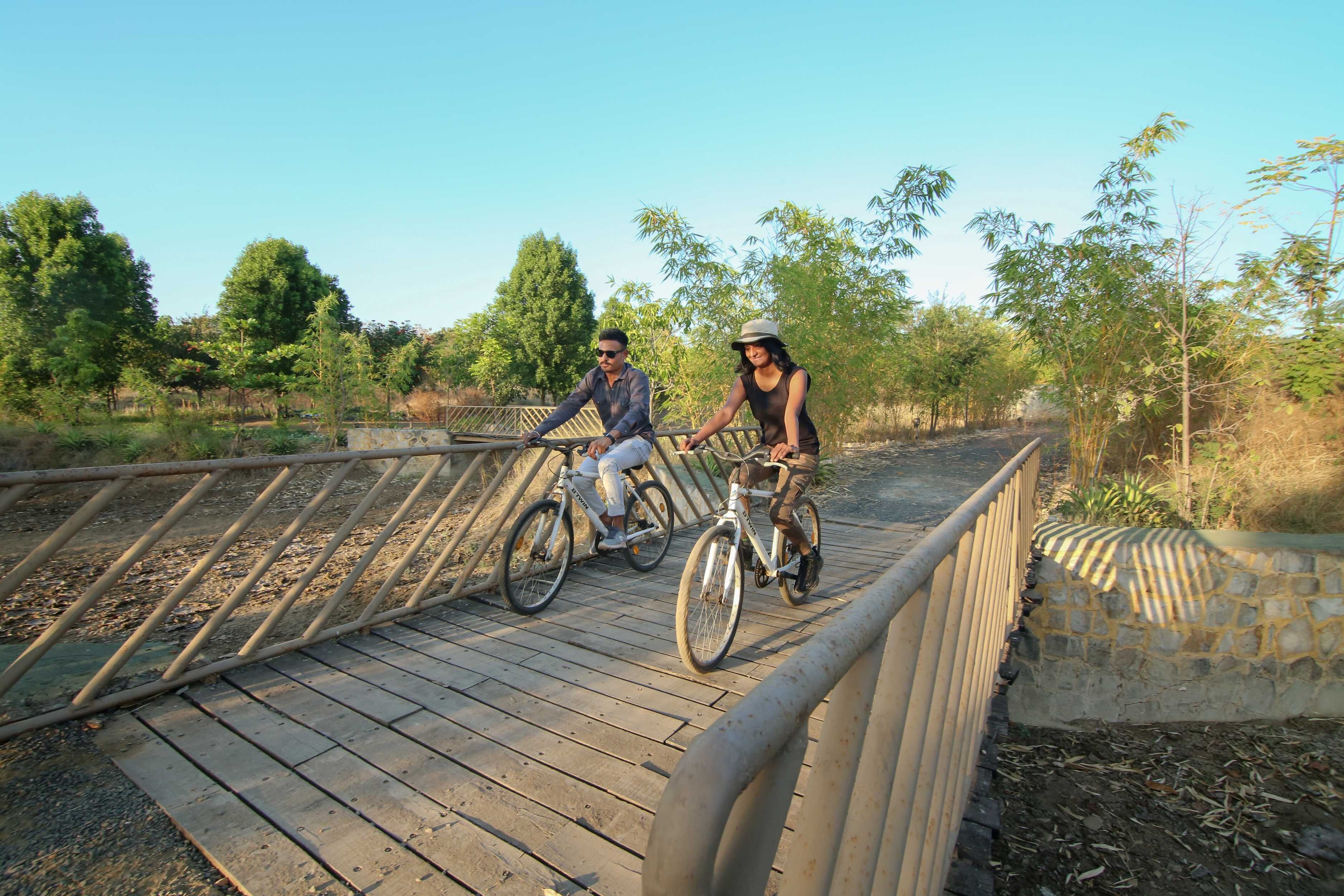 Two people riding bicycles on a wooden bridge with metal railings, surrounded by greenery and trees.