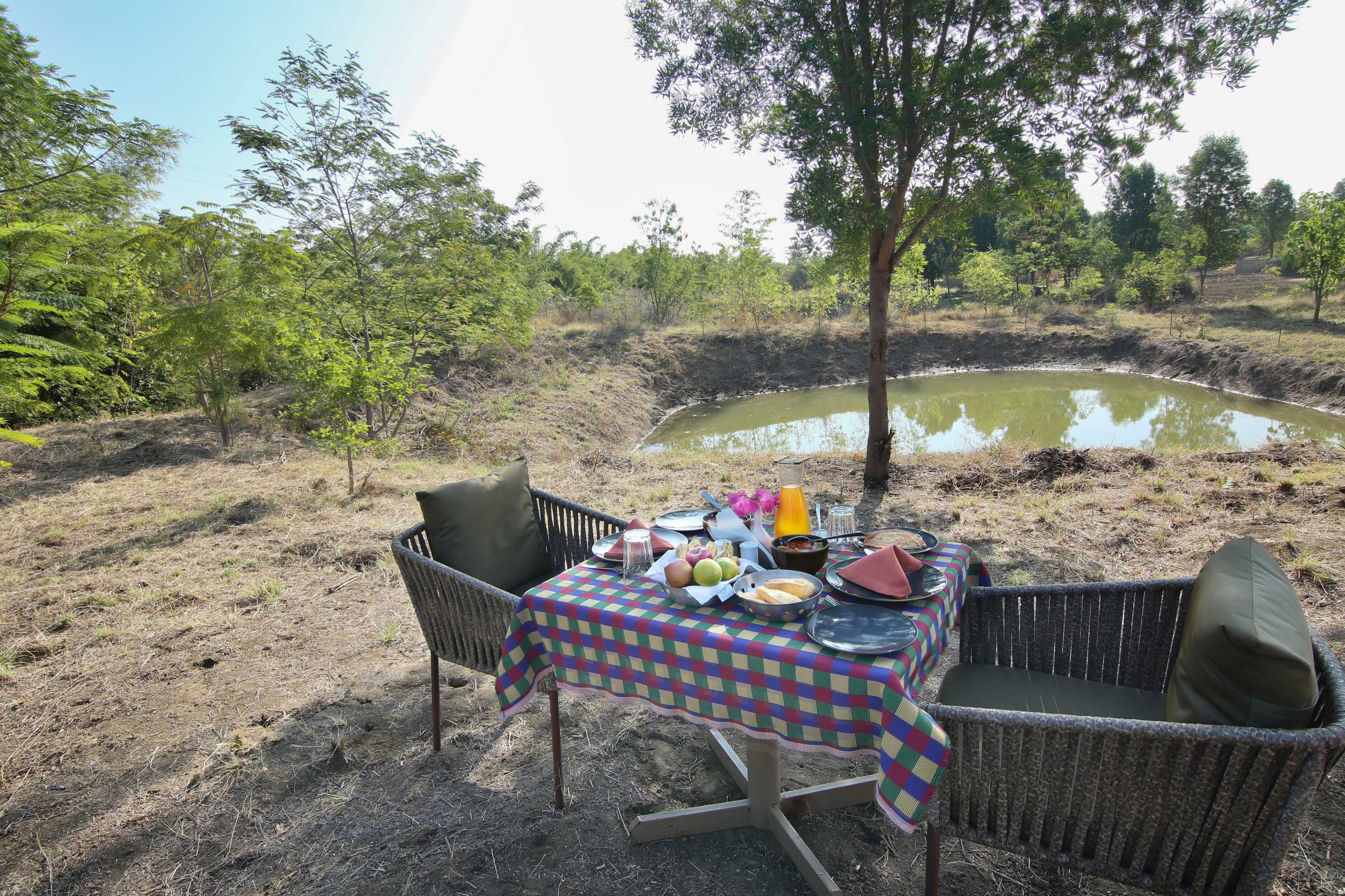 Een terras met rieten stoelen en een tafel gedekt met eten en drinken, omgeven door bomen en een vijver.