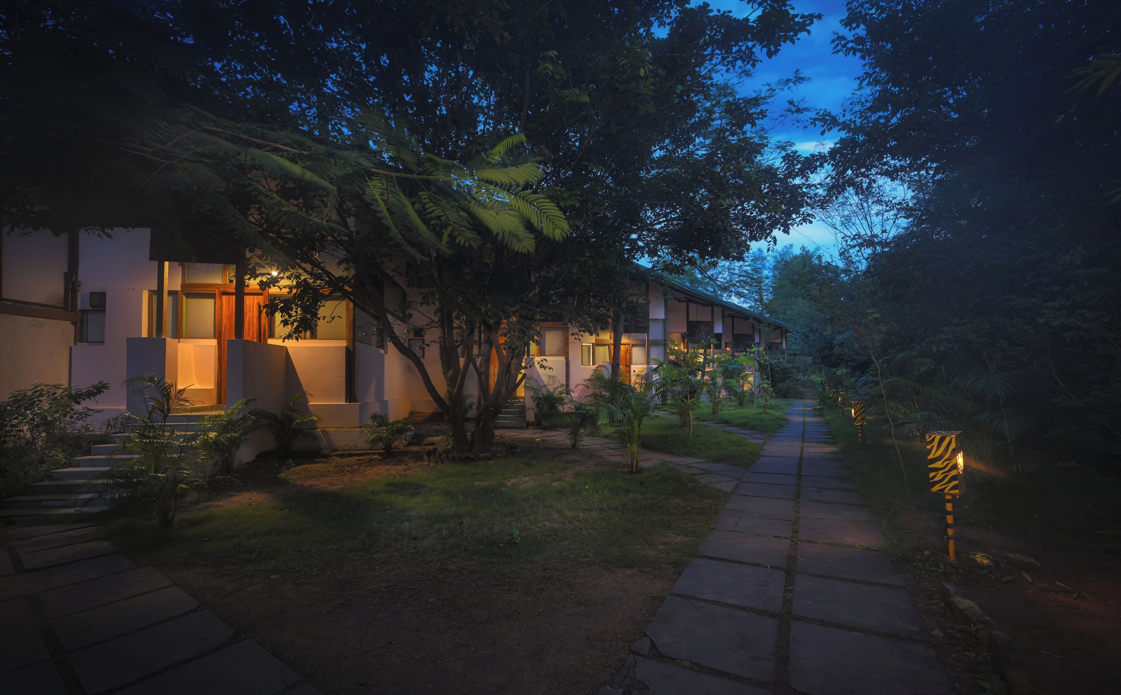 A building with a pathway leading to the entrance, surrounded by greenery.