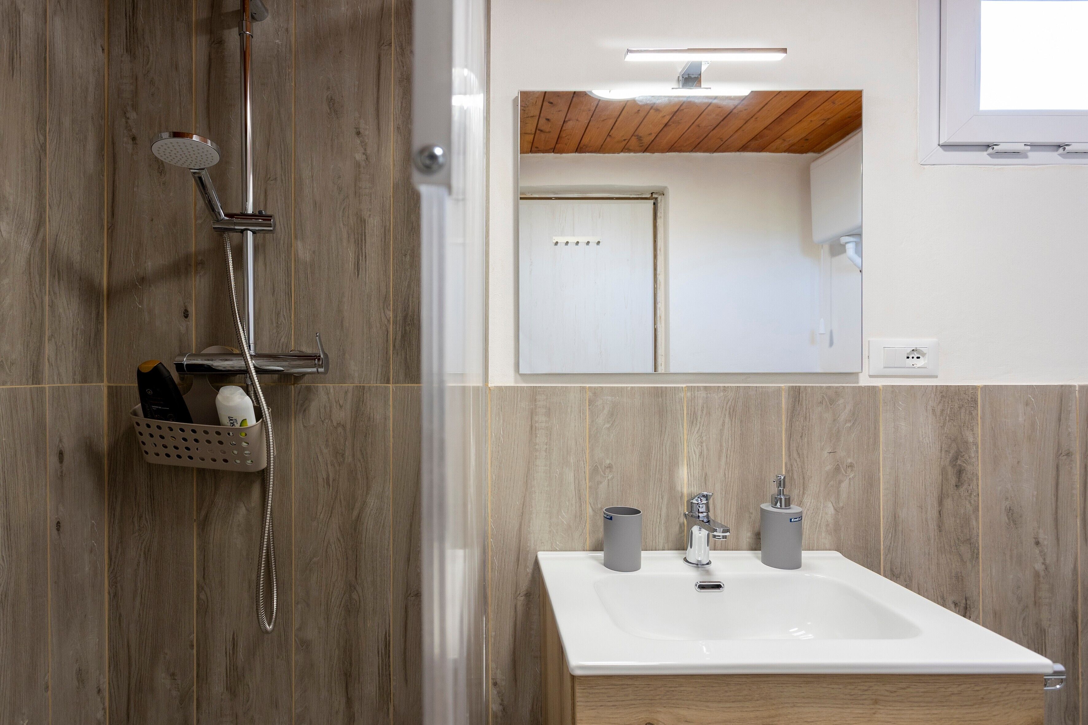 Une salle de bain avec une douche, un lavabo et un miroir.