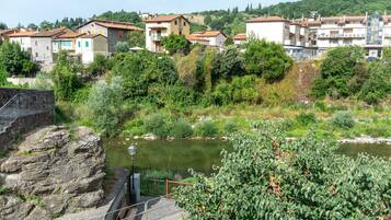 Une vue sur la rivière, avec des bâtiments, un pont de pierre et de la verdure.