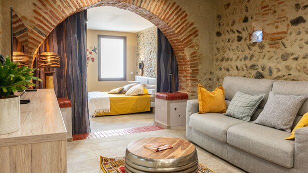 A room with a brick archway, a sofa, a bed, and a small table. - Apartment 'Plaisir Des Pierres' with Private Terrace and Wi-Fi (RIVESALTES)